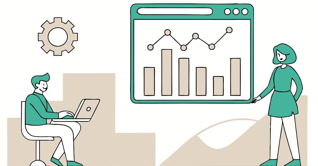 Illustration of a small business owner using AI-driven marketing tools, including analytics dashboards, chatbots, and social media engagement, representing the top marketing trends of 2025.