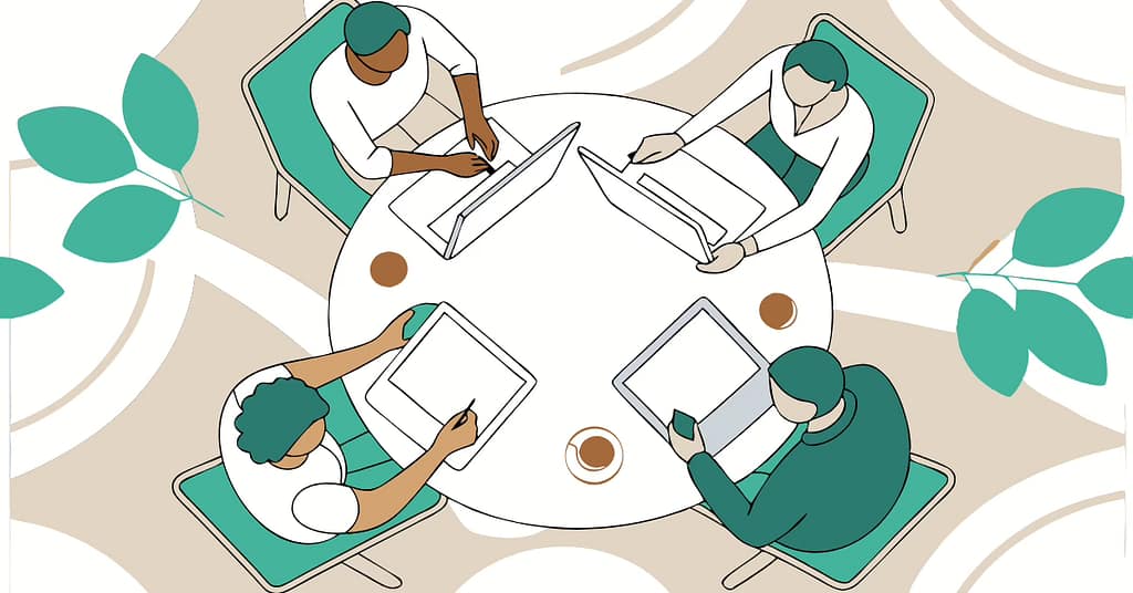 A diverse group of small business owners co-creating around an AI assistant interface. Warm, natural light. Collaborative, human-focused workspace.