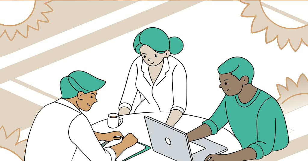 Un groupe d’entrepreneur·es collaborant avec une interface d’IA dans un espace lumineux et chaleureux. Atmosphère inclusive et écoresponsable, couleurs naturelles. Connexion humaine et innovation.