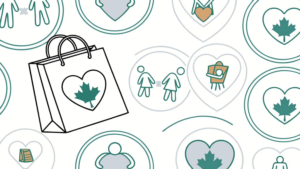 Illustration of a shopping bag with a heart and a maple leaf, symbolizing local business support and collaboration in Canada.