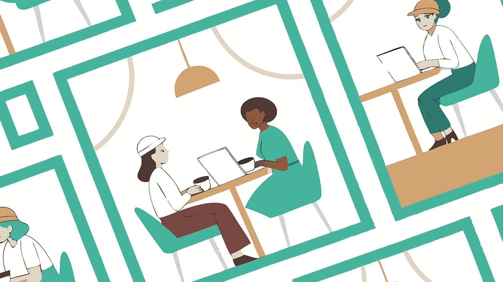 Des personnes qui s'échangent des recommandations dans un café, design doux et atmosphère inclusive