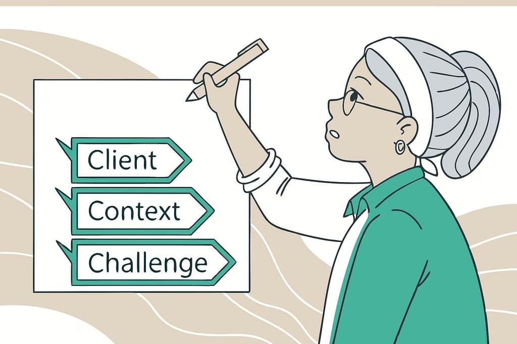 Sketch of a person explaining a 3-step board with Client, Context, Challenge—visualizing how to clarify your offer.