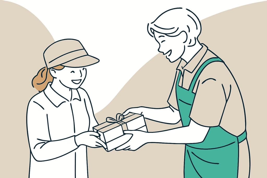 Hand-drawn pencil sketch of someone offering a note or gift, symbolizing giving before receiving in referral marketing.