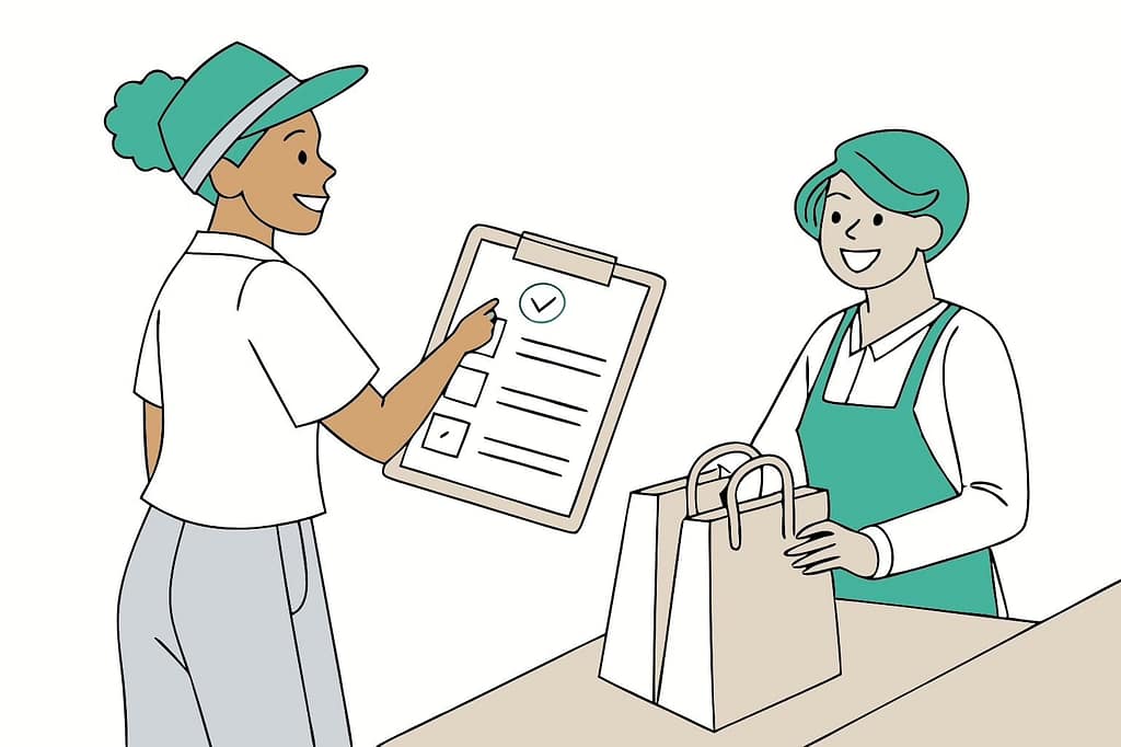 Hand-drawn image of a person offering a clear, simple referral card—illustrating ease of sharing positive feedback.