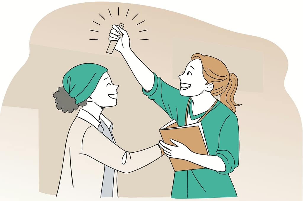 Pencil drawing of someone highlighting another person’s achievement, symbolizing client celebration in referral strategy.