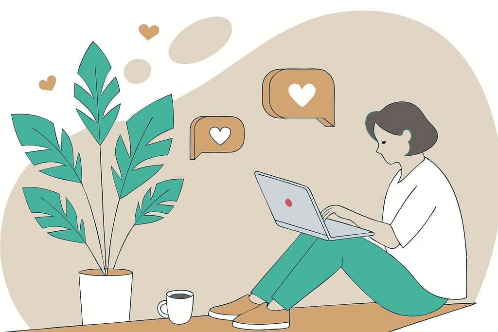 Hand-drawn scene of a person working on a laptop in a cozy setting, showing intentional visibility in marketing.