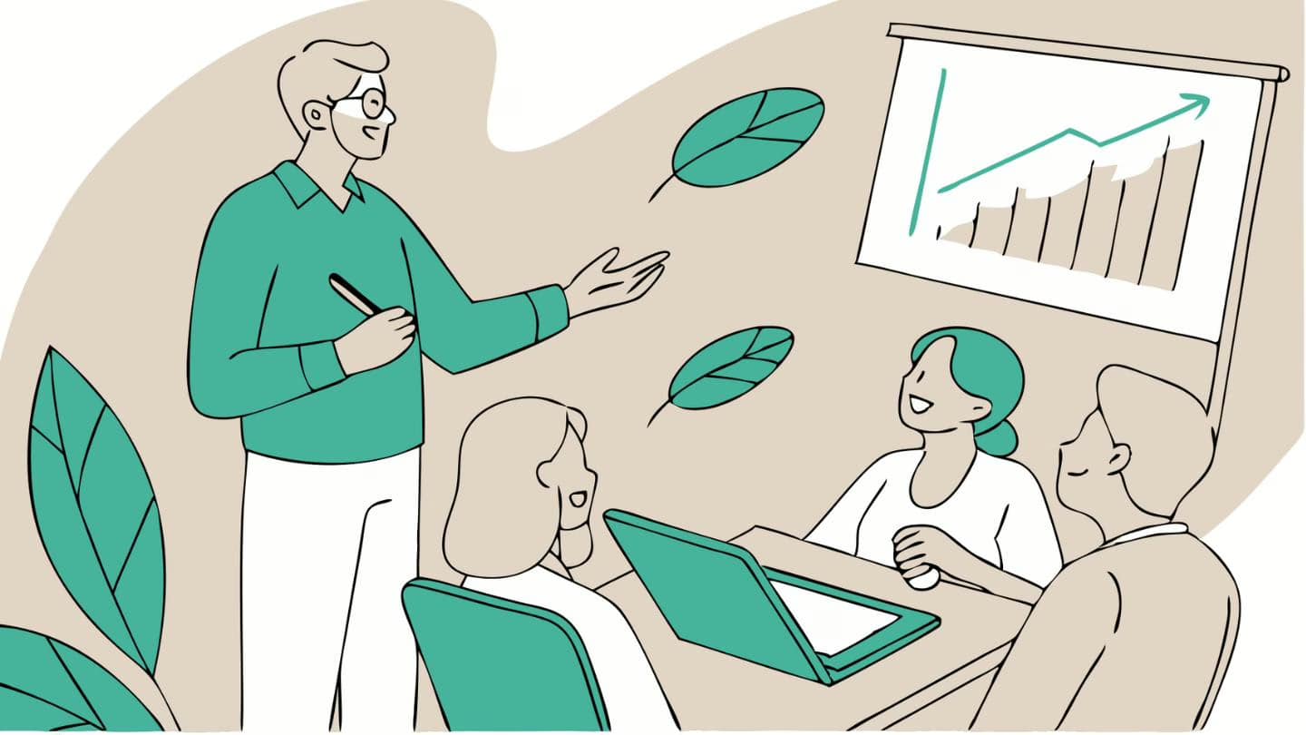 Illustration of a marketing consultant in Montreal with light brown hair, a beard, mustache, and glasses, leading a diverse team in a strategy session focused on ethical and sustainable digital marketing growth.