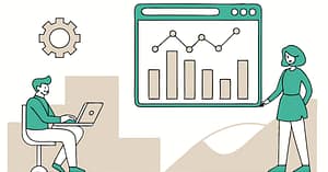 Illustration of a small business owner using AI-driven marketing tools, including analytics dashboards, chatbots, and social media engagement, representing the top marketing trends of 2025.