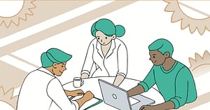 Un groupe d’entrepreneur·es collaborant avec une interface d’IA dans un espace lumineux et chaleureux. Atmosphère inclusive et écoresponsable, couleurs naturelles. Connexion humaine et innovation.