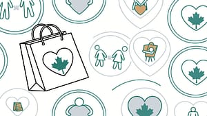 Illustration of a shopping bag with a heart and a maple leaf, symbolizing local business support and collaboration in Canada.