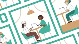 Des personnes qui s'échangent des recommandations dans un café, design doux et atmosphère inclusive