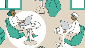 Two people exchanging a referral in a café, soft flat pastel design, human and inclusive atmosphere