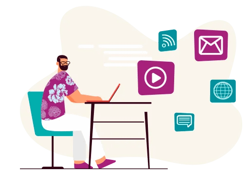 Illustration of a marketing professional creating and sharing content across digital channels