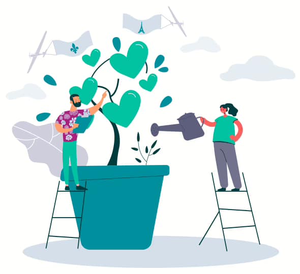 Illustration of two people nurturing a growing plant, representing business growth and care