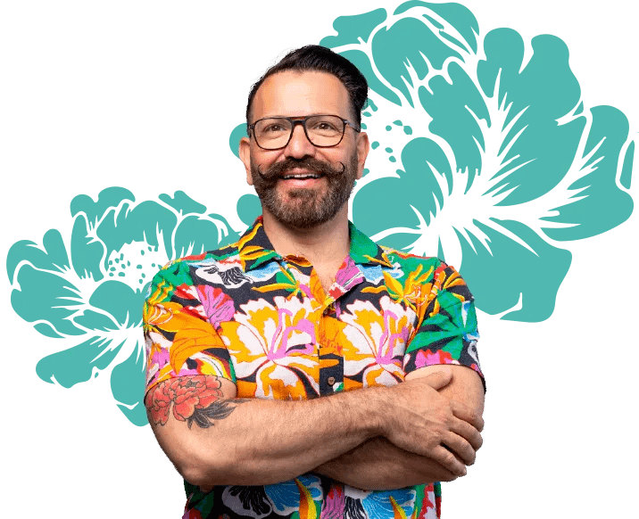 Portrait of Ciro Jaen Paniza wearing a floral shirt